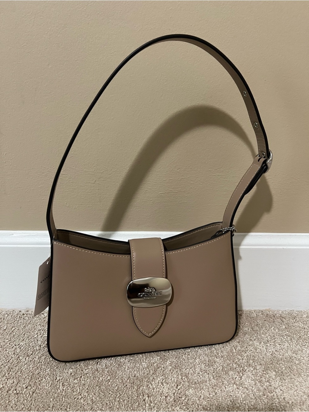 Coach Eliza Taupe Shoulder Bag with Silver-Tone Clasp